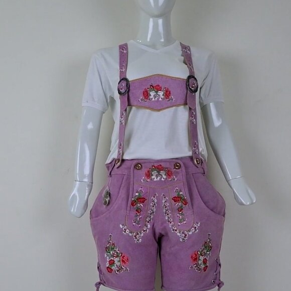 Oktoberfest Women Lederhosen Rose Pink Bavarian Leather Suede Lederhosen NEW - Picture 3 of 10